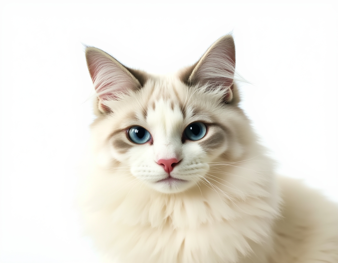 Close-up portrait of cat on a white background, with its alert expression and intricate details of its fur and whiskers in sharp focus.